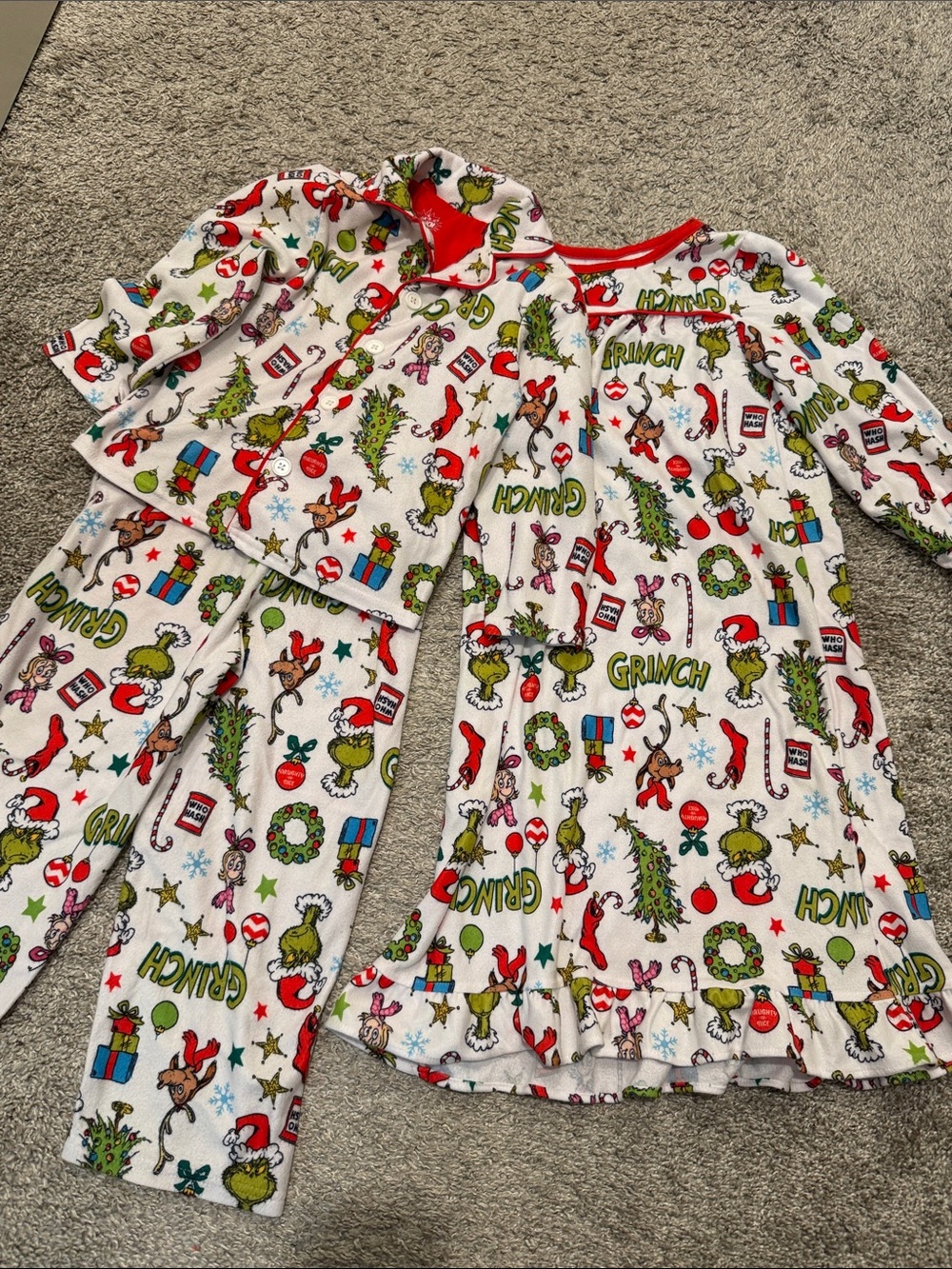 Kids Holiday Pajama Set - White & Red Grinch Print
